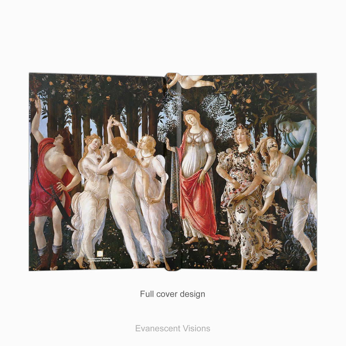 Full cover front and back view of ahardcover notebook featuring the classical painting titled 'Primavera' by Sandro Boticelli. The artwork has a dark background with figures in white, red, and floral patterns.