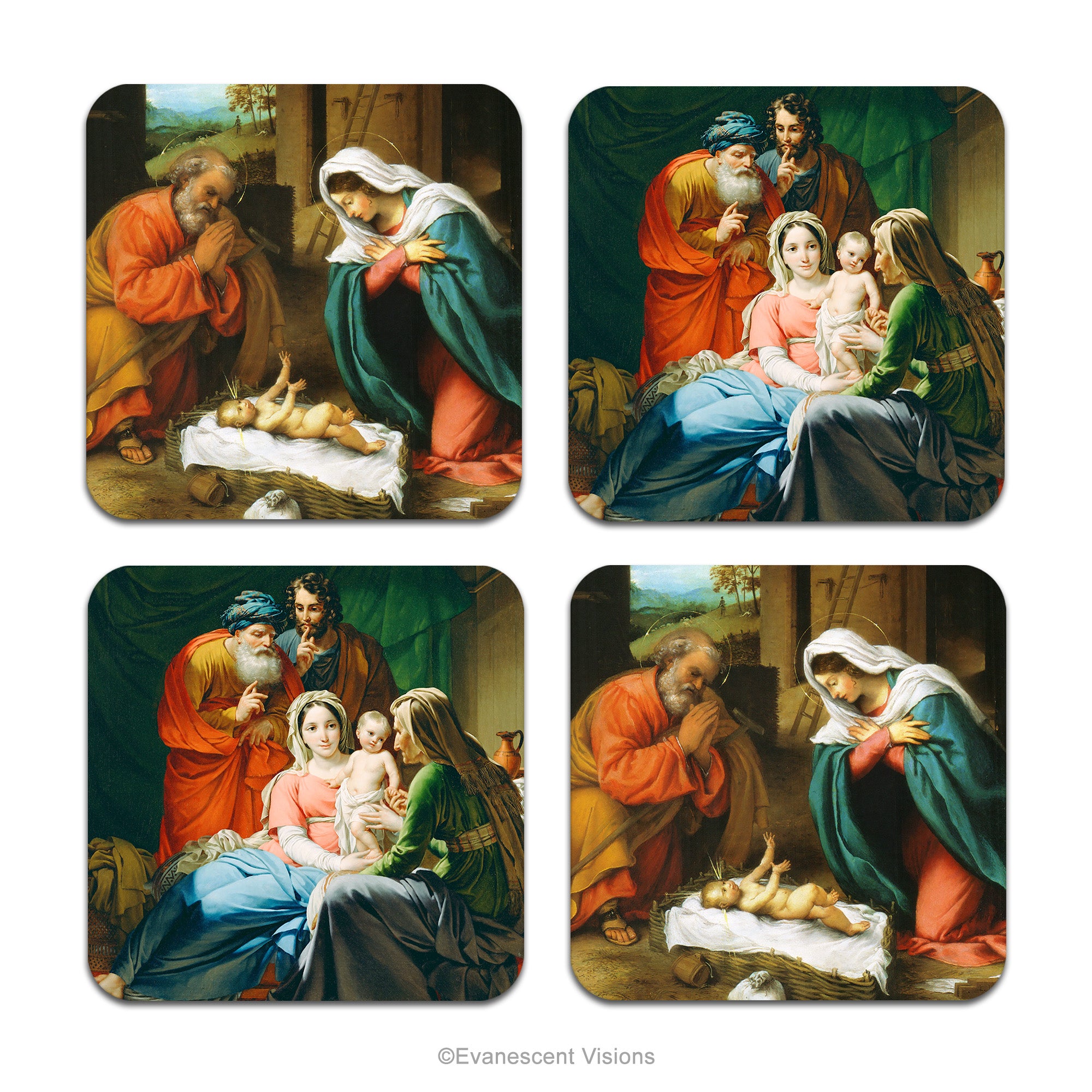 Set of 4 square Christmas coasters with scenes of the Nativity from paintings by  by Joseph Paelinck and Lorenzo Lotto, shown on a white background.  