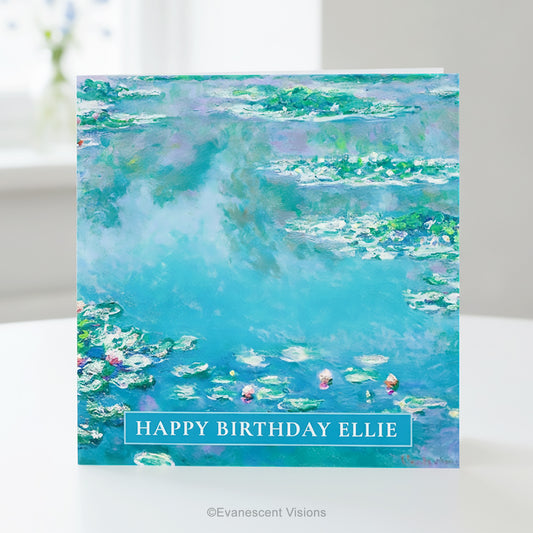 A square greeting card featuring Claude Monet Water Impressionist Water Lilies Painting standing upright on a table. 