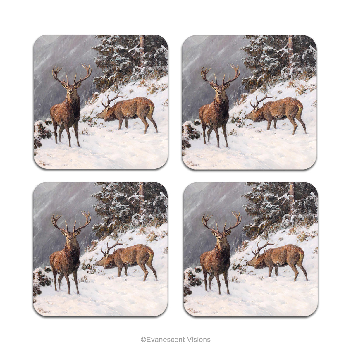 Christmas Wildlife Coasters Set of 4, Red Deer in Winter