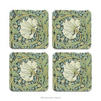 Set of 4 coasters with detail from design 'Pimpernel' by William Morris, on a white background