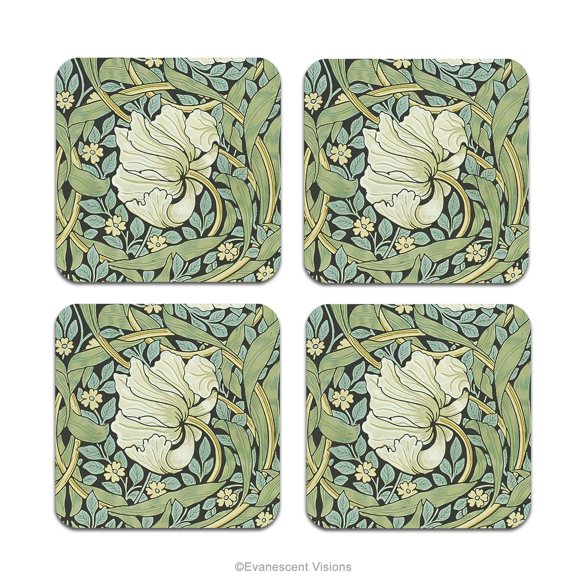 Set of 4 coasters with detail from design 'Pimpernel' by William Morris, on a white background