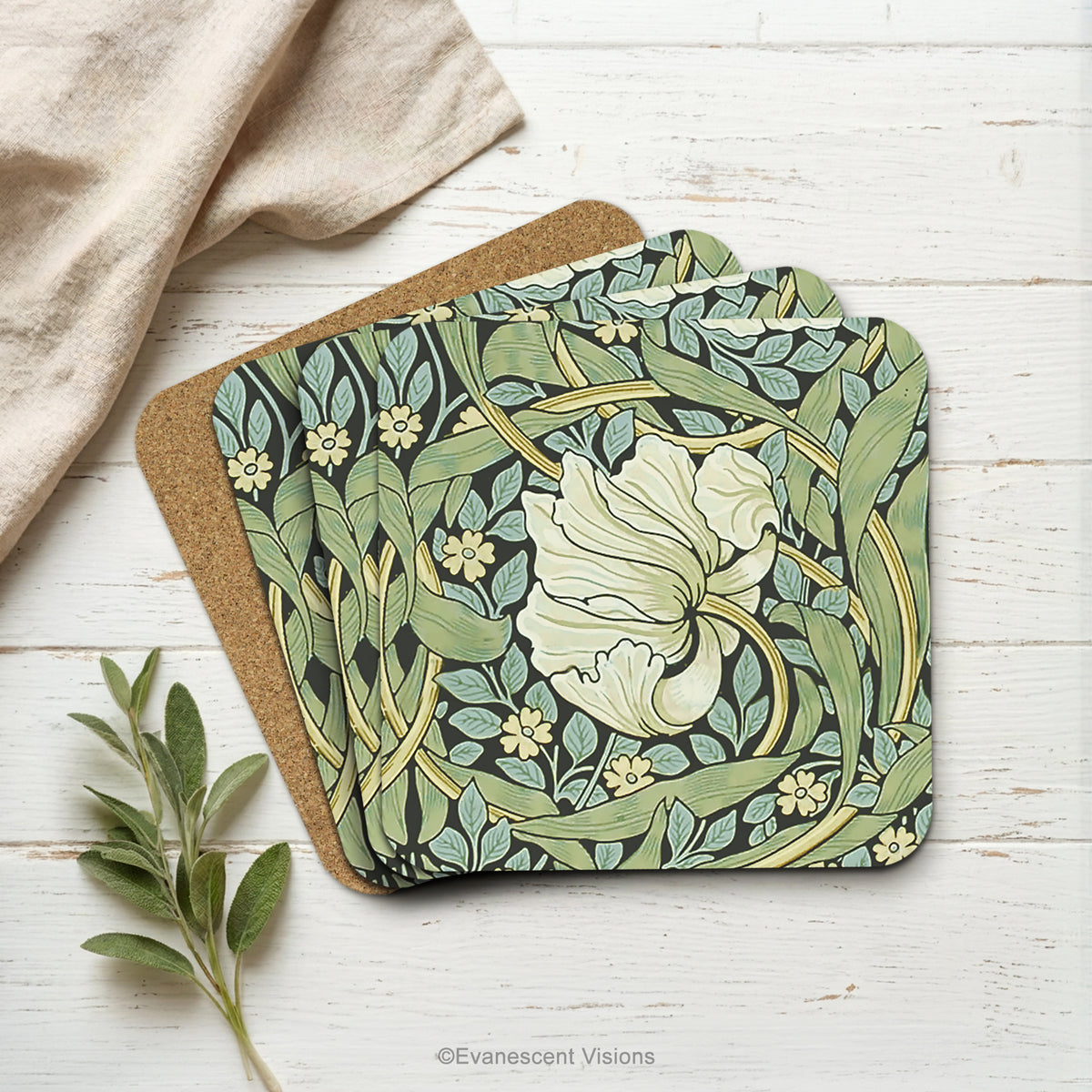 Set of 4 stacked coasters with detail from design 'Pimpernel' by William Morris, styled on a white wood background.