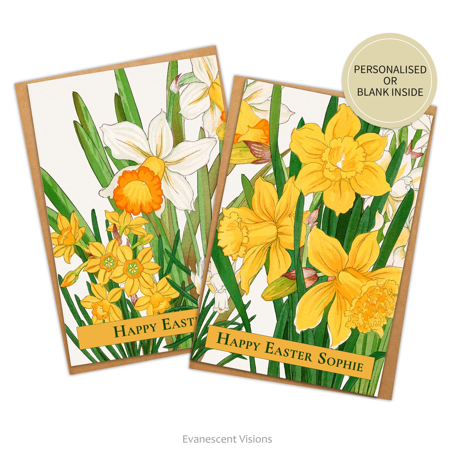 Two personalised floral Easter cards and envelopes with images from a woodblock design of daffodils by Kônan Tanigami