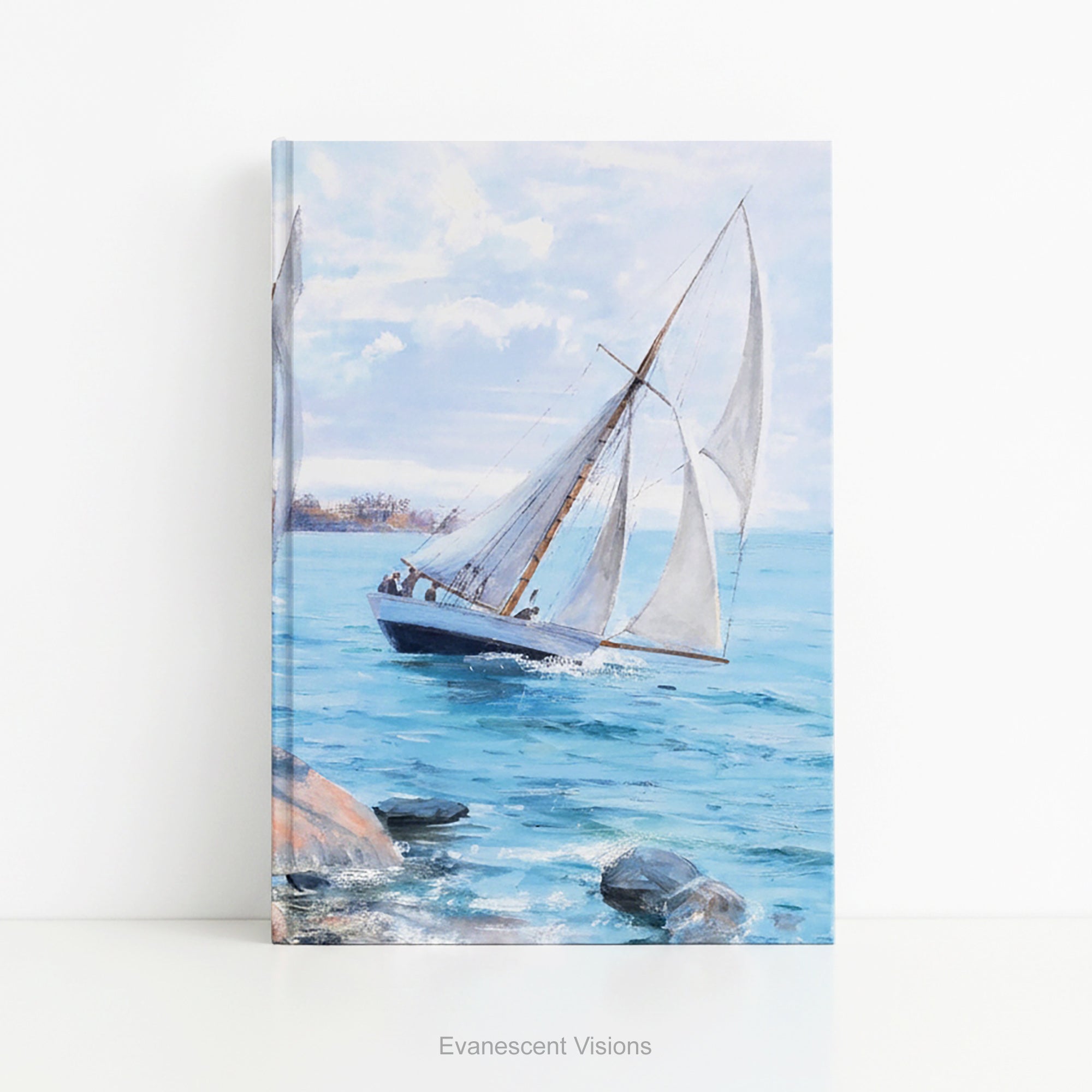 A hardcover notebook standing on a white desk,  depicting a white sailboat sailing on blue water under a cloudy sky, from painting 'Sailing' by Danielson-Gambogi