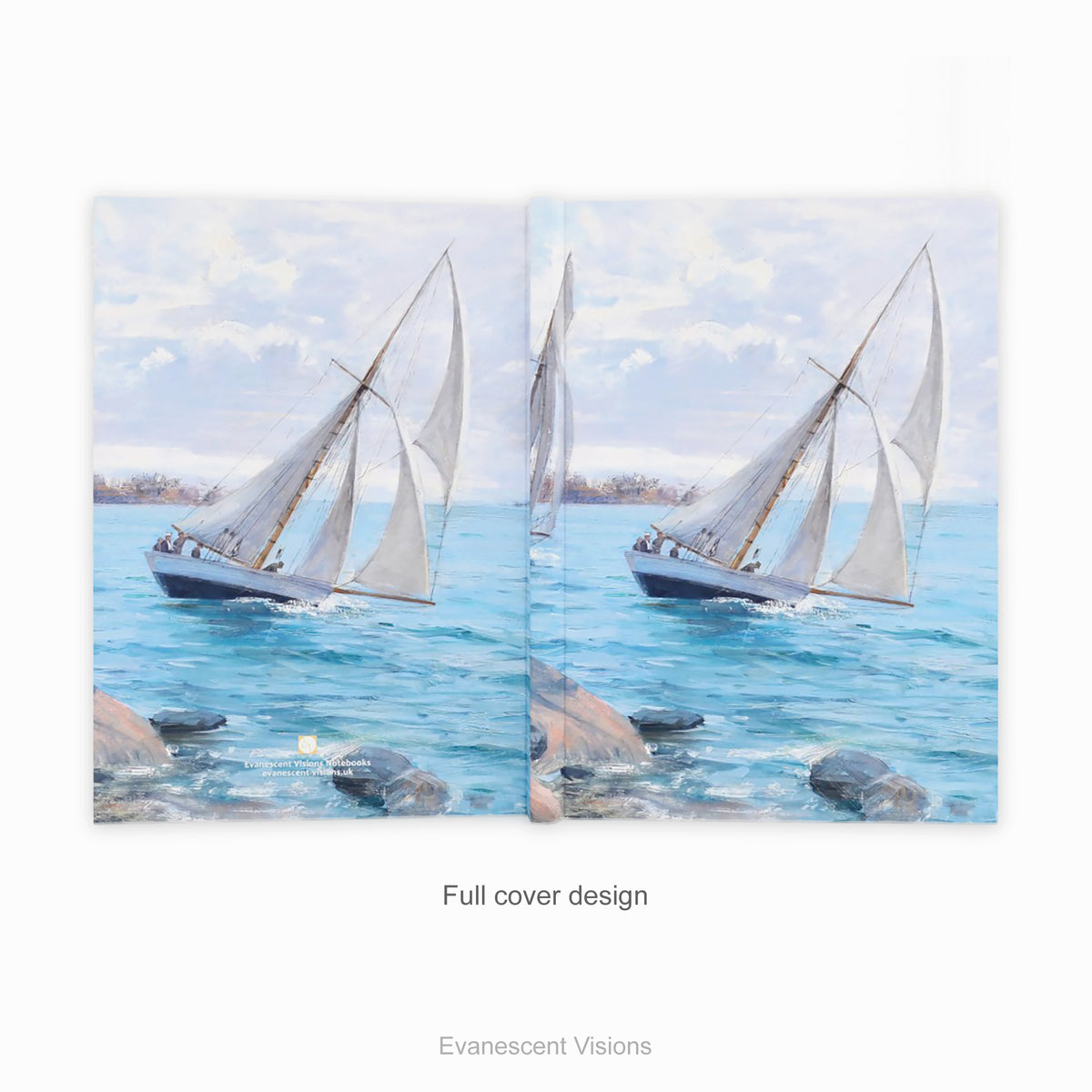 Full cover front and back view of a a hardcover notebook  depicting a white sailboat sailing on blue water under a cloudy sky, from painting 'Sailing' by Danielson-Gambogi, shown on a white background. 