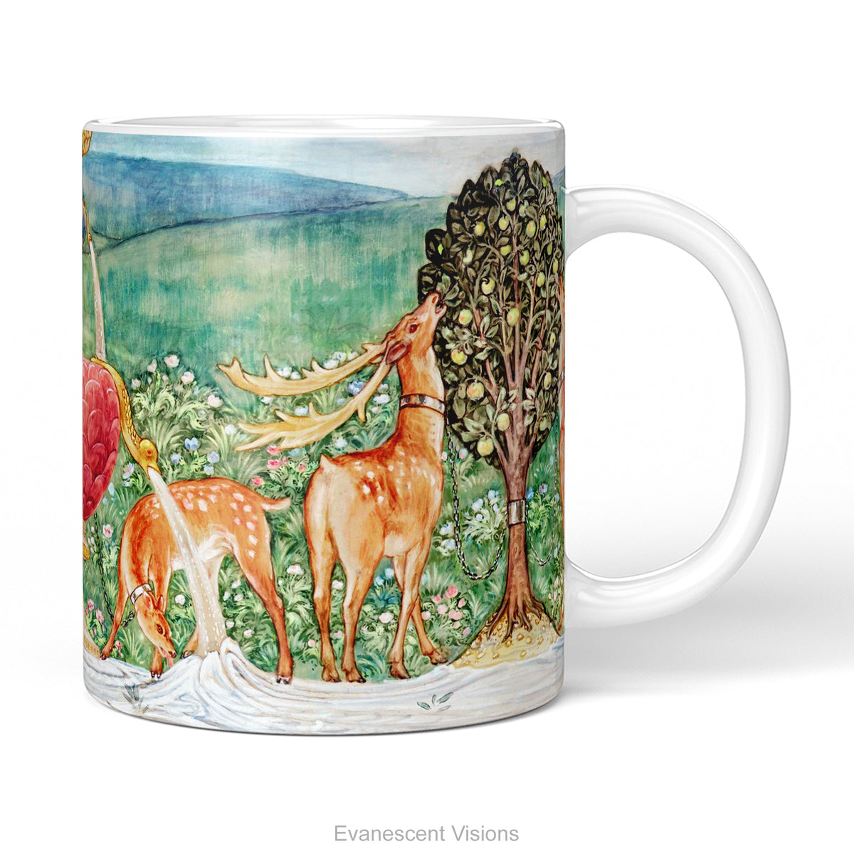 A ceramic mug with Pre-Raphaelite painting 'Deer by a Fountain'   by Edward Burne-Jones