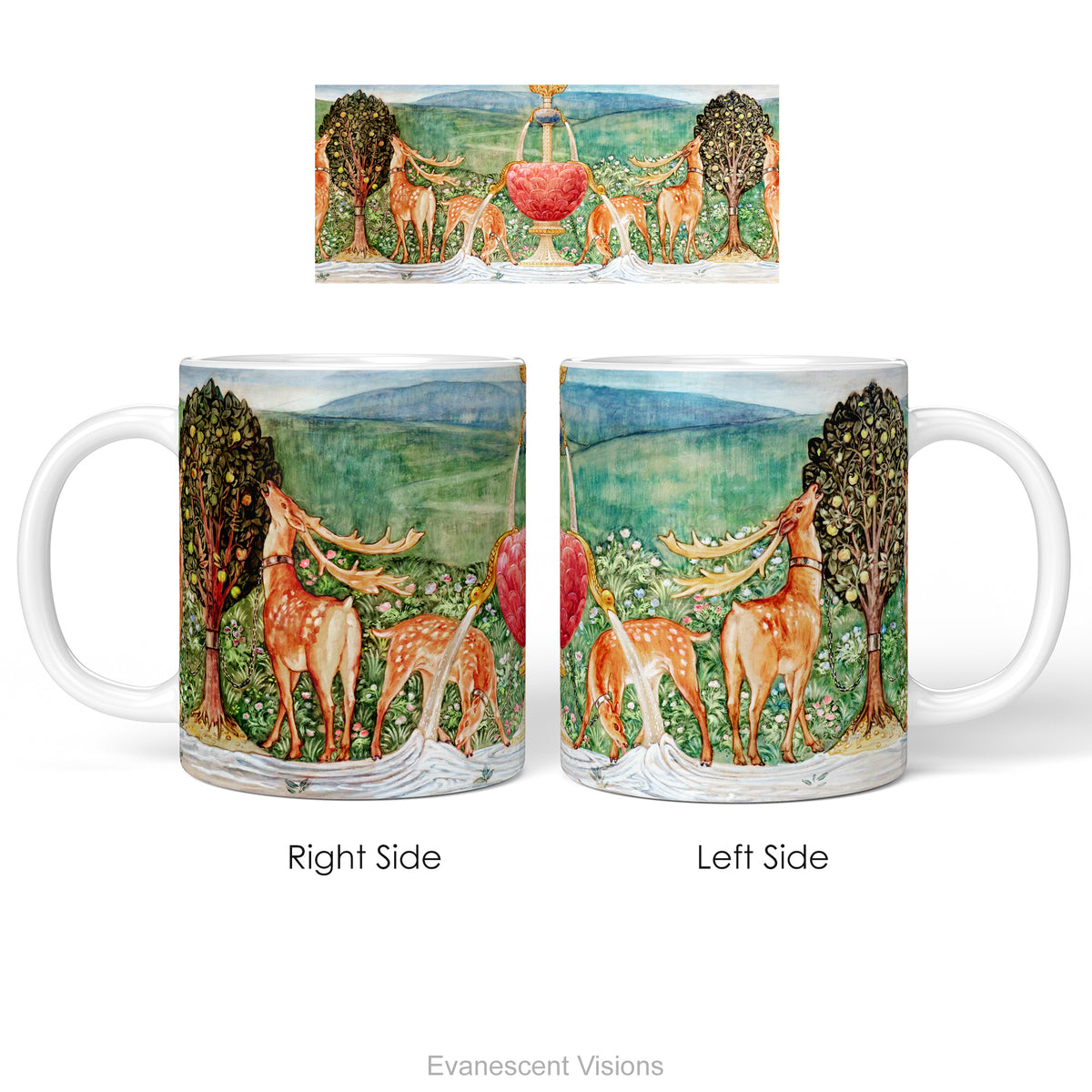 Left and right side views of ceramic mug with Pre-Raphaelite painting 'Deer by a Fountain'