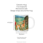 A ceramic mug with Pre-Raphaelite painting 'Deer by a Fountain', showing mug dimensions.
