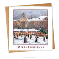 A square traditional Christmas greeting card featuring a snowy winter market scene in Vienna by artist Emmerich Kirall,  and the text 'Merry Christmas' below. 