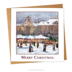 A square traditional Christmas greeting card featuring a snowy winter market scene in Vienna by artist Emmerich Kirall,  and the text 'Merry Christmas' below. 