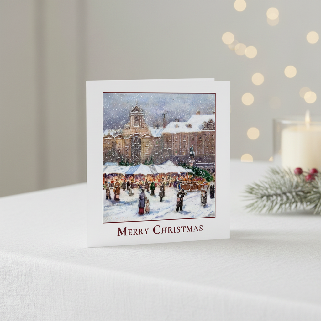 A square traditional Christmas greeting card featuring a snowy winter market scene in Vienna by artist Emmerich Kirall,  on a white table.