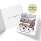 A square traditional Christmas greeting card featuring artwork artist Emmerich Kirall,  and inside view of an example printed greeting.