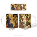 Left and right side views of the ceramic mug with print of painting 'The Adoration of the Magi' by Gentile Fabriano.