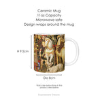 Ceramic mug with print of painting 'The Adoration of the Magi', with mug dimensions.
