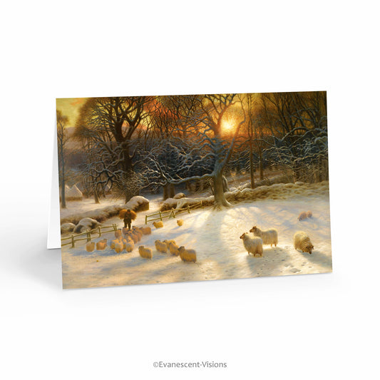 Winter holiday art card standing up, with artwork The Shortening Winter's Day is Near a Close by Joseph Farquharson