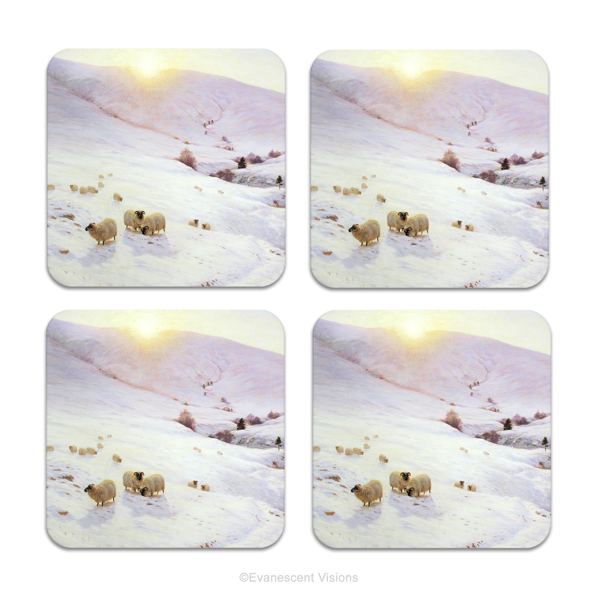 4 coasters with a print of the snowy winter landscape painting 'Southland Hills' by Joseph Farquharson, shown on a plain white background.  