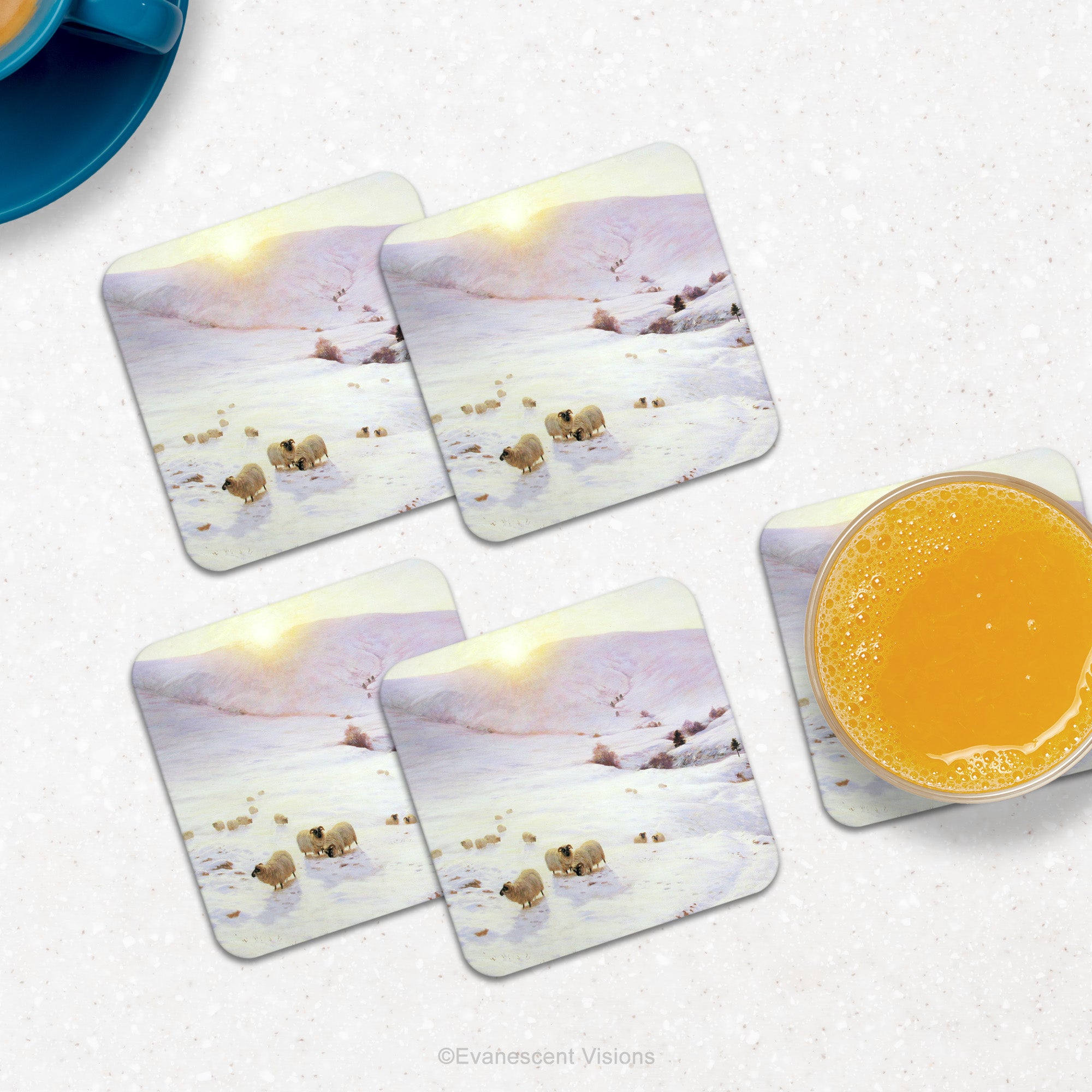 4 coasters with a print of the snowy winter landscape painting 'Southland Hills' by Farquharson, shown on a marble kitchen table with a glass and teacup. 