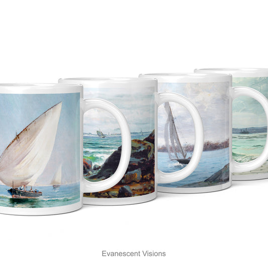 4 Fine Art Mugs, Nautical Mugs with Seascapes with Sailing Boats