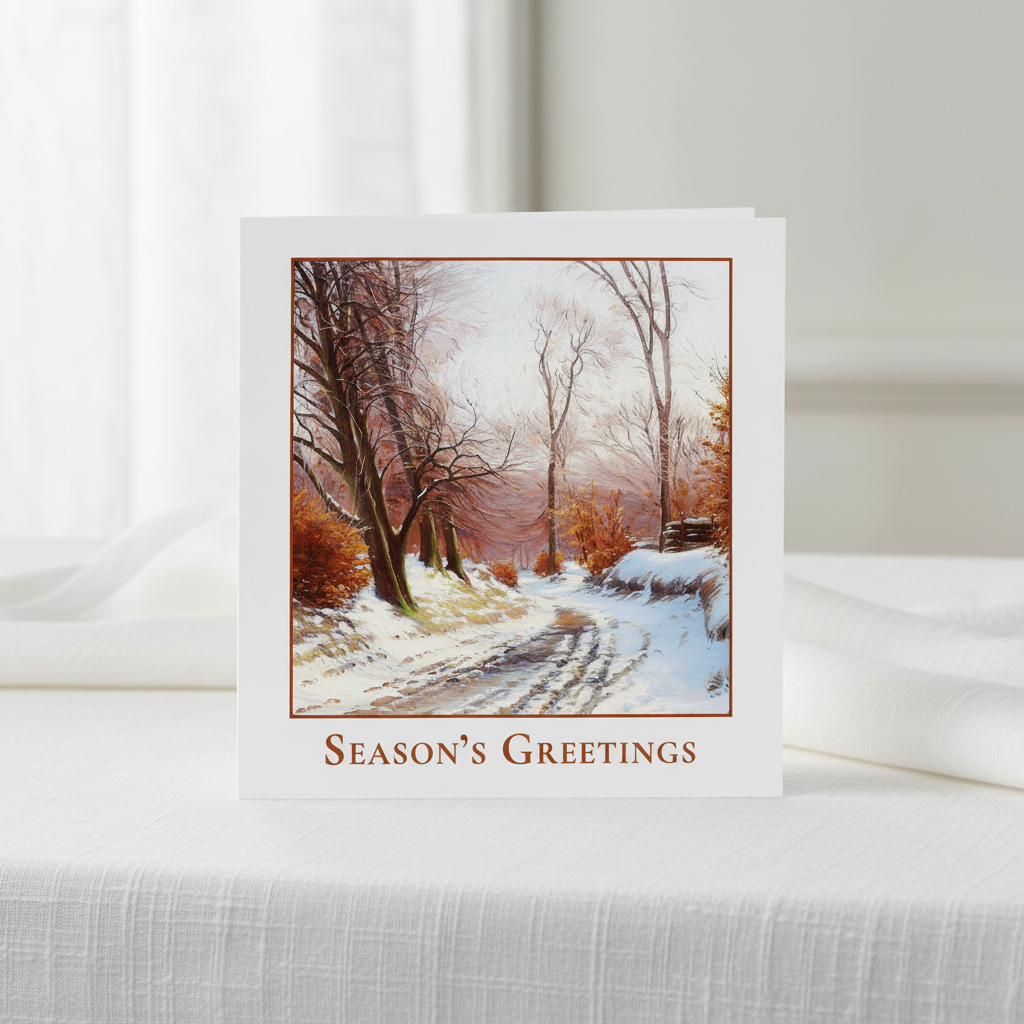 Winter Road Season's Greetings Traditional Christmas Card with artwork  'The Road to Ørholm' by Sigvard Hansen, with the card standing on a white  table.
