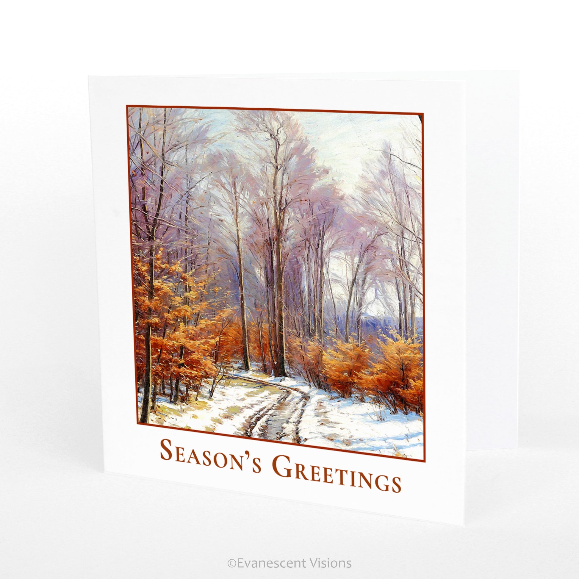 Winter Woods Traditional Christmas Card with artwork by Sigvard Hansen, standing on a surface.