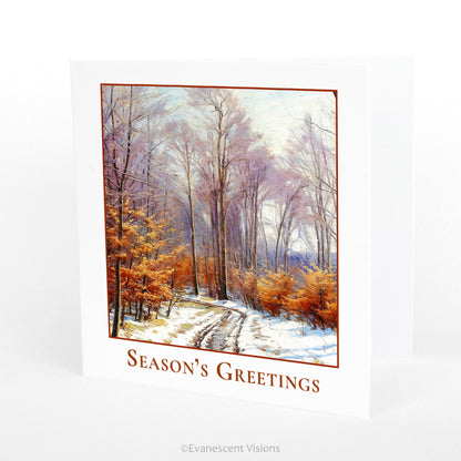 Winter Woods Traditional Christmas Card with artwork by Sigvard Hansen, standing on a surface.