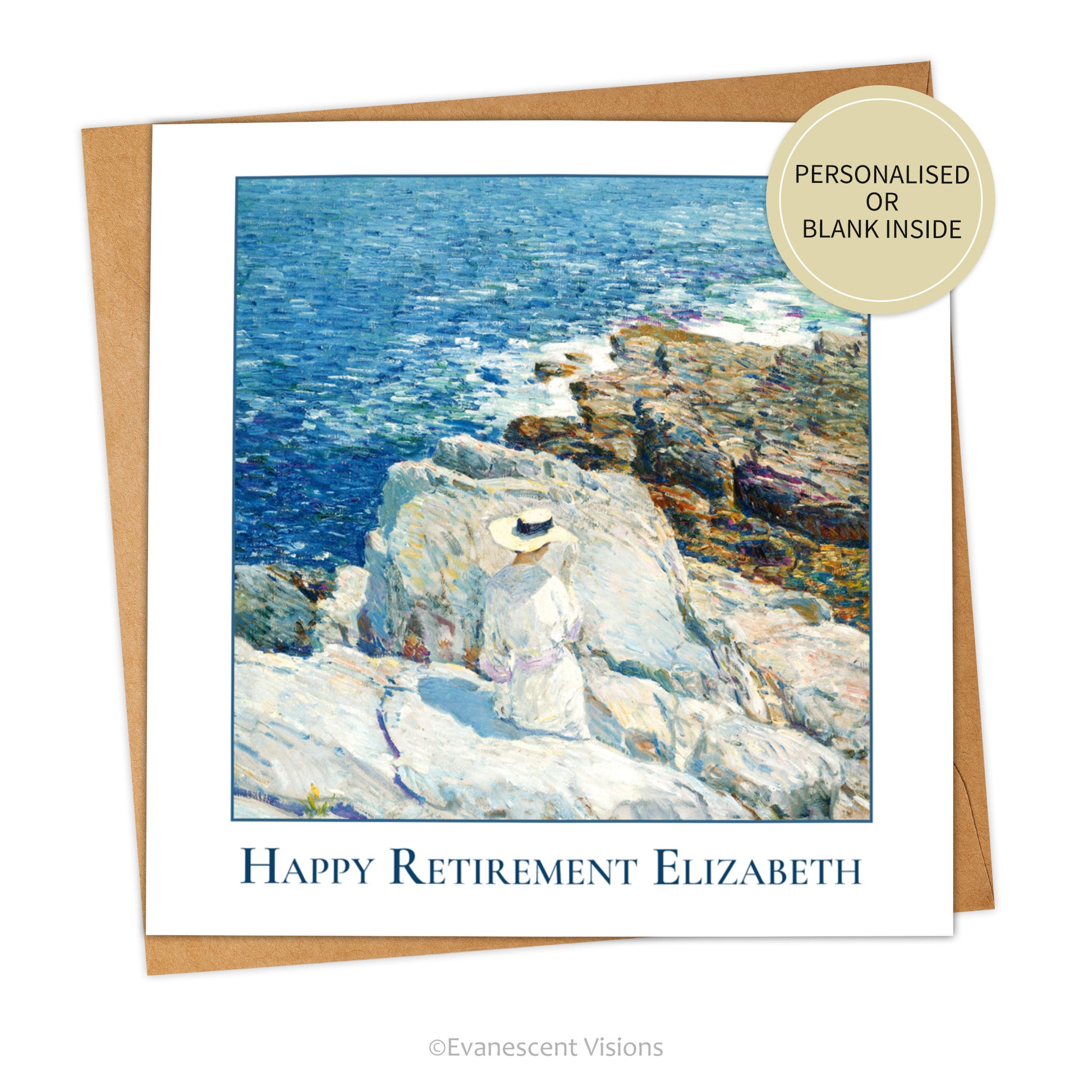 Card and envelope. The image on the card shows a woman dressed in white with a hat looks out over the sea from a rocky outcrop.  Under the image is written 'Happy Retirement Elizabeth.' The sun is bright and the sea very blue. A sticker says 'personalised or blank inside.'