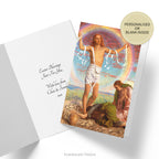 Card with image from William Holman Hunt's painting, 'Christ and the Two Marys.' Inside of card shown with custom greeting. Sticker says, 'Personalised or blank inside.'