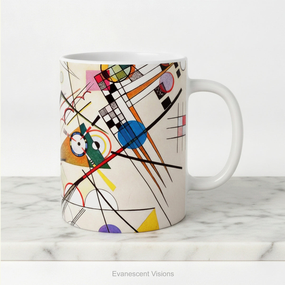 A white ceramic mug featuring an abstract geometric art print 'Composition 8' by Kandinsky.