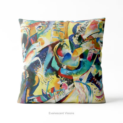 A square cushion featuring the abstract, multicolored painting design 'Improvisation Klamm' by Wassily Kandinsky. 