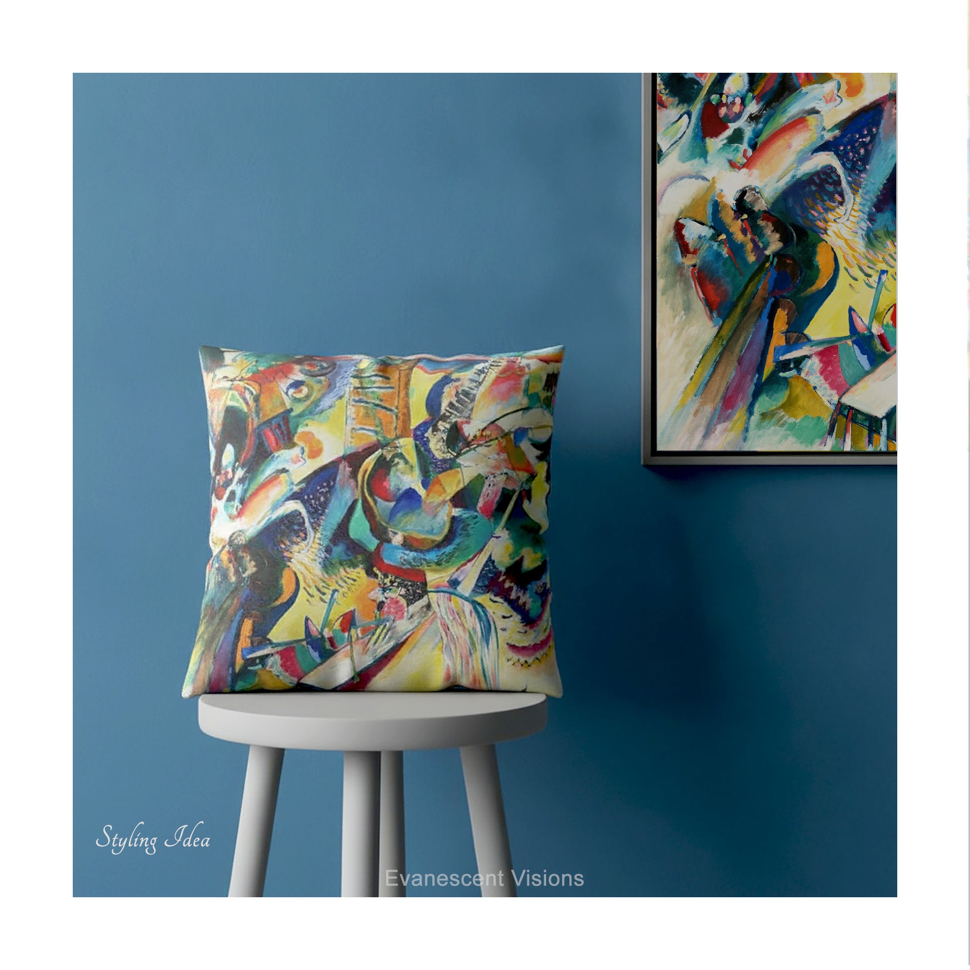 A square cushion featuring the abstract, multicolored painting design 'Improvisation Klamm' by Wassily Kandinsky., shown on a stool against a blue wall.