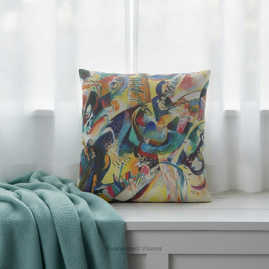 A square cushion featuring the abstract, multicolored painting design 'Improvisation Klamm' by Wassily Kandinsky, on a window seat. 