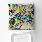 A square cushion featuring the abstract, multicolored painting design 'Improvisation Klamm' by Wassily Kandinsky., shown on a stool.