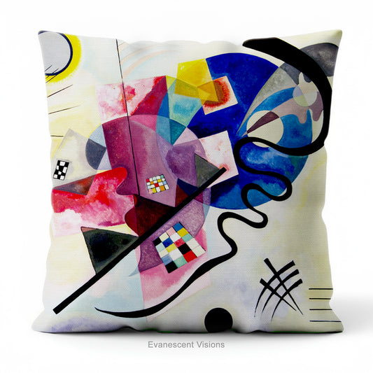 A square cushion with abstract geometric painting 'Jaune Rouge Bleu' By Kandinsky. 