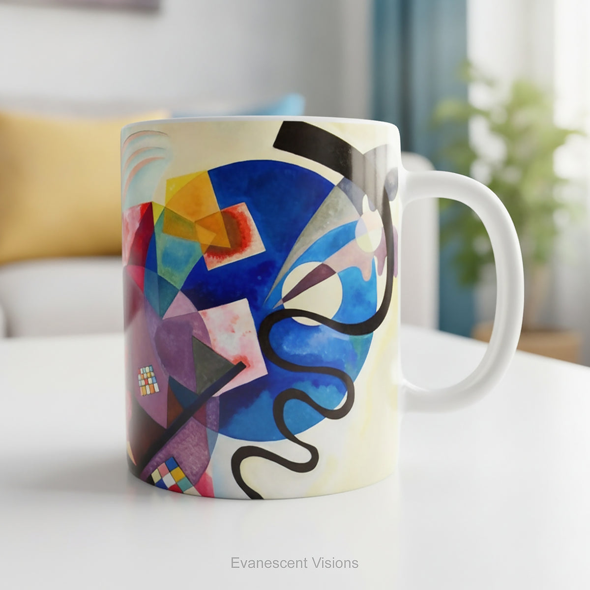  'Jaune Rouge Bleu' ceramic mug on a coffee table. 