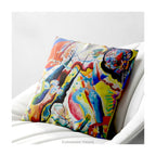 A square cushion featuring a print of the  abstract, multicolored painting 'Bild mit Rotem Fleck' by Wassily Kandinsky, shown on a white chair. 
