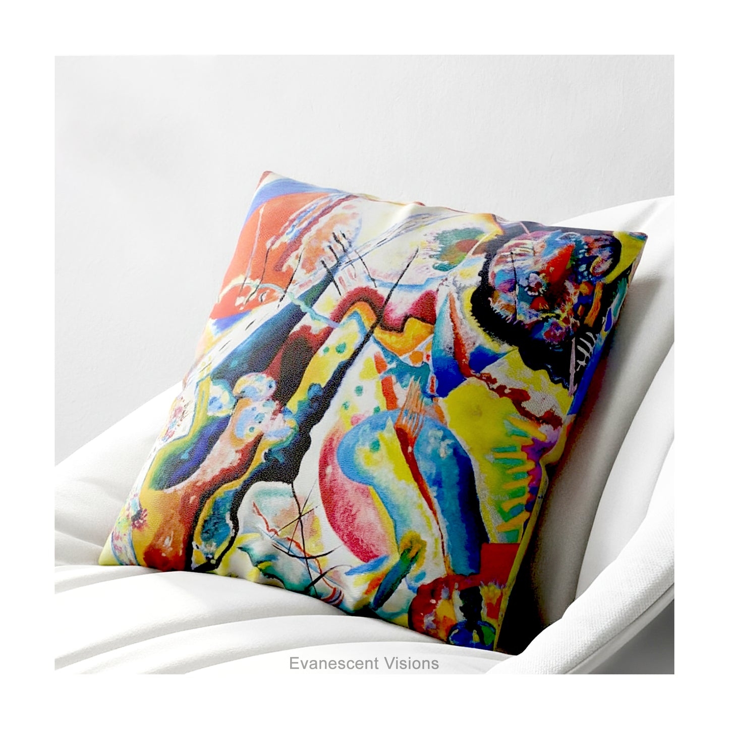 A square cushion featuring a print of the  abstract, multicolored painting 'Bild mit Rotem Fleck' by Wassily Kandinsky, shown on a white chair. 