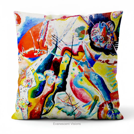 A square cushion featuring a print of the  abstract, multicolored painting 'Bild mit Rotem Fleck' by Wassily Kandinsky.