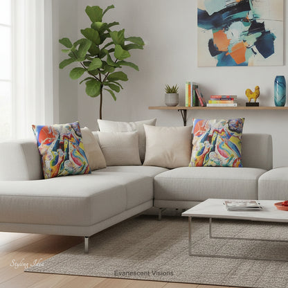 A square cushion featuring a print of the  abstract, multicolored painting 'Bild mit Rotem Fleck' by Wassily Kandinsky, shown styled on a cream sofa. 