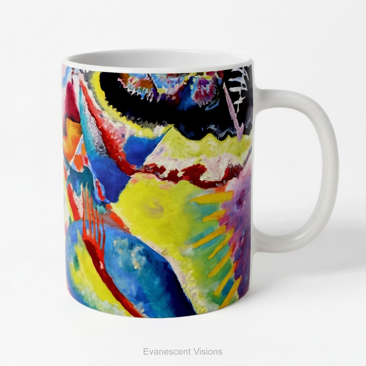 A  ceramic mug featuring a vibrant,  abstract painting 'Bild mit Rotem Fleck' by Kandinsky.
