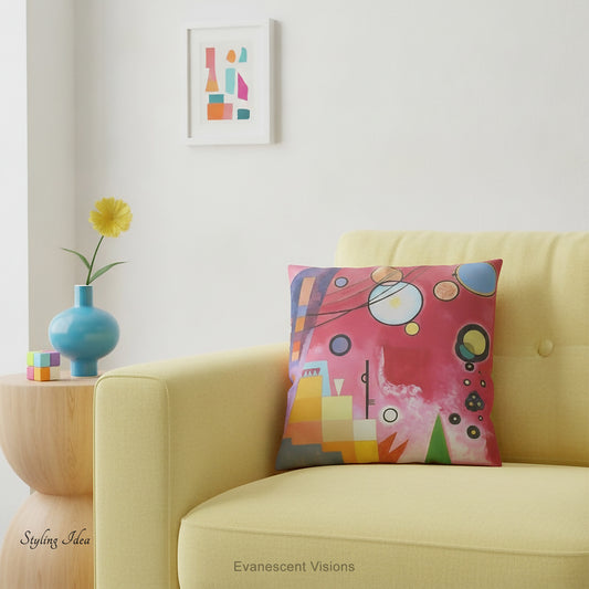 A colourful square cushion on a yellow sofa featuring an abstract art print of Schweres Rot (Heavy Red) by abstract artist Wassily Kandinsky.