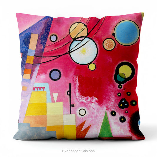 A colourful square cushion featuring an abstract art print of Schweres Rot (Heavy Red) by abstract artist Wassily Kandinsky.