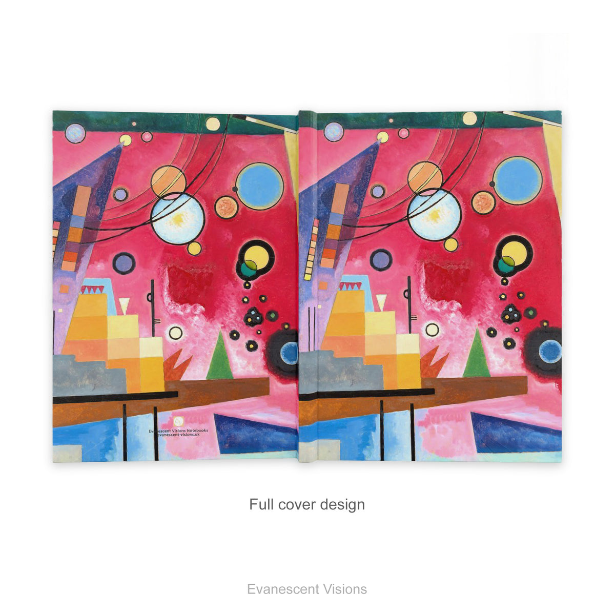 Front and back full cover view of a hardcover notebook featuring  a colorful abstract geometric design titled 'Schweres Rot' by Kandinsky.