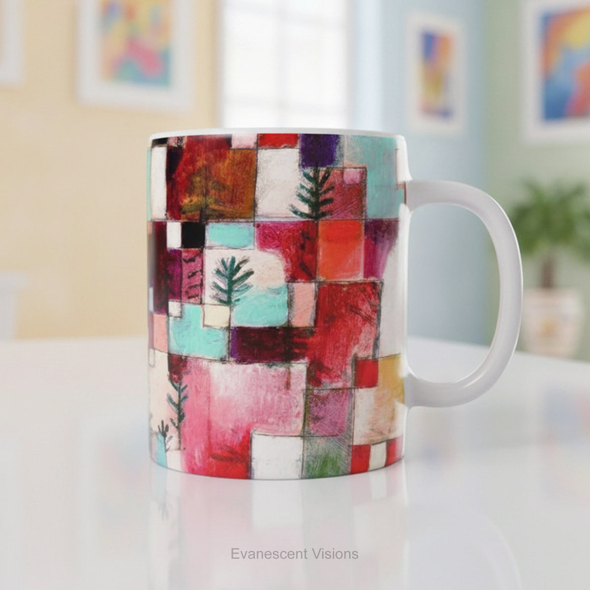 Ceramic mug with abstract art painting 'Redgreen and Violet-Yellow Rhythms' styled on a table. 