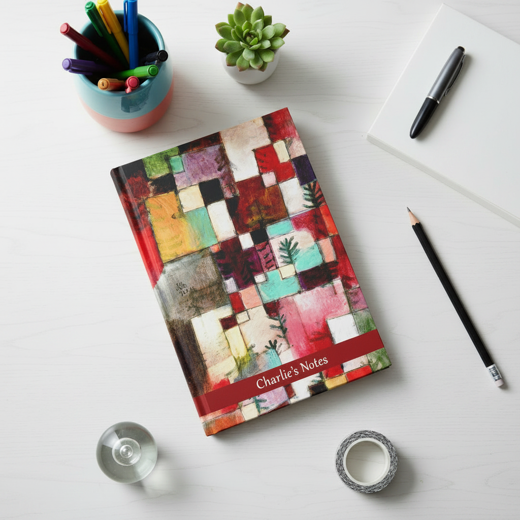 Personalised Notebook, Hardback decorated with Paul Klee Abstract Art, shown on a white desk.