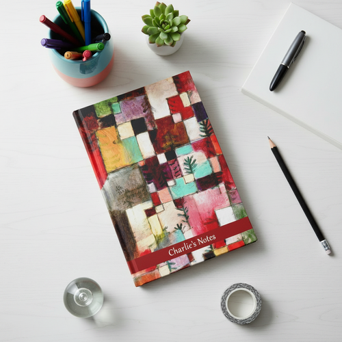 Personalised Notebook, Hardback decorated with Paul Klee Abstract Art, shown on a white desk.