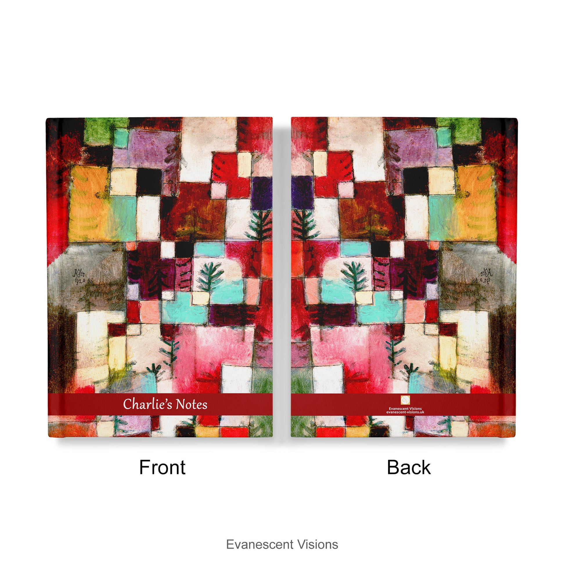 Front and back views of the Personalised Notebook, Hardback decorated with Paul Klee Abstract Art