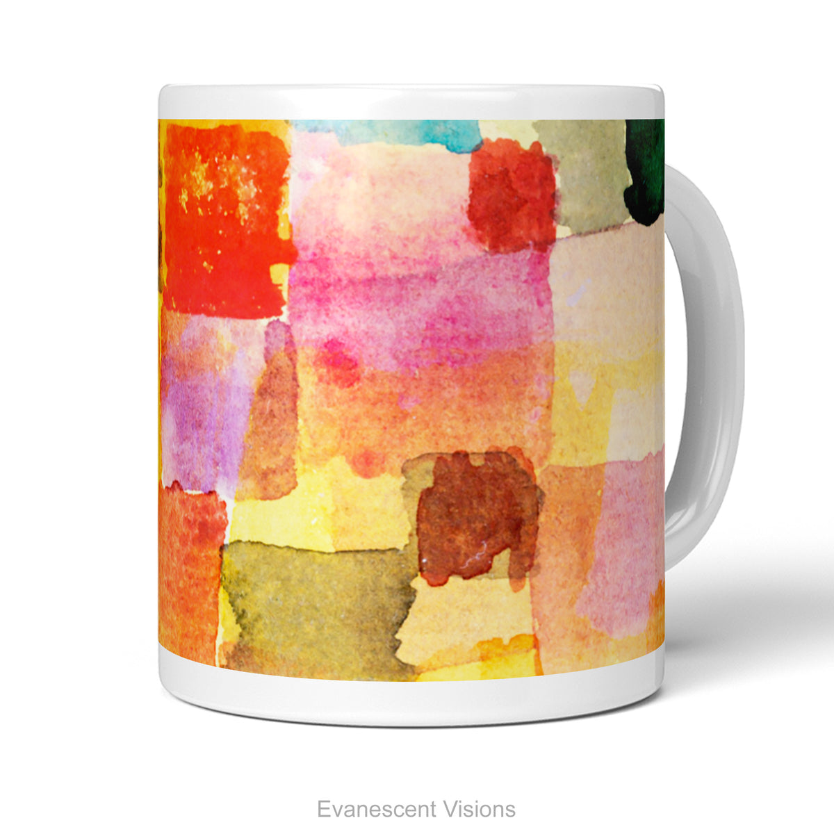 Front view of a white ceramic mug featuring a colorful abstract watercolor print with blocks of teal, yellow, pink, orange, and green called 'Untitled' by artist Paul Klee, shown on a white background. 