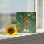 A square art print greeting card from Gustav Klimt's painting of sunflowers in a garden.  