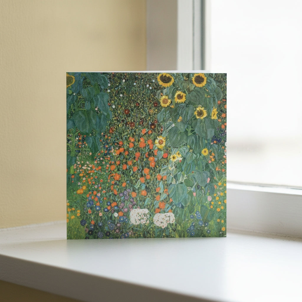 A square art print greeting card featuring Gustav Klimt's 'Sunflowers' style floral painting, displayed standing on a white windowsill.background.